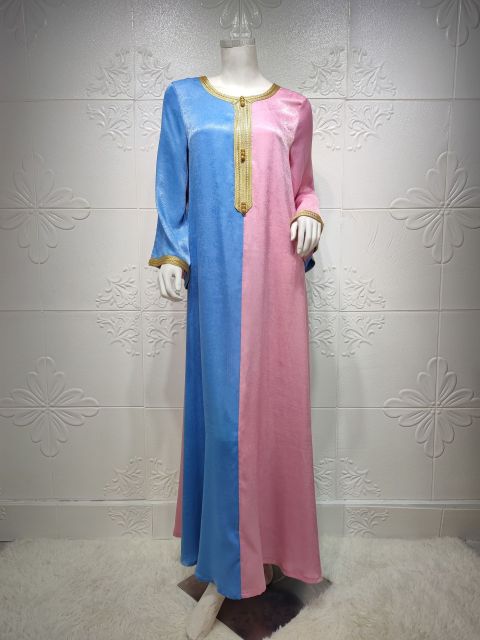 Middle Eastern Women's Fashion Color Matching Phnom Penh Muslim Women's Arab Hui Robe Eid Al-fitr Dress Dubai Satin Robe