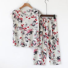 Load image into Gallery viewer, Middle-aged and Elderly Women&#39;s Summer Suits Short Sleeve Cotton linen T-shirt Top &amp; Wide-leg Pants 2 Pcs Home Service Sets 4XL