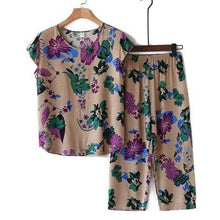 Load image into Gallery viewer, Middle-aged and Elderly Women&#39;s Summer Suits Short Sleeve Cotton linen T-shirt Top &amp; Wide-leg Pants 2 Pcs Home Service Sets 4XL