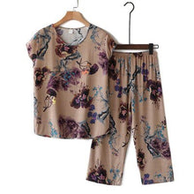 Load image into Gallery viewer, Middle-aged and Elderly Women&#39;s Summer Suits Short Sleeve Cotton linen T-shirt Top &amp; Wide-leg Pants 2 Pcs Home Service Sets 4XL