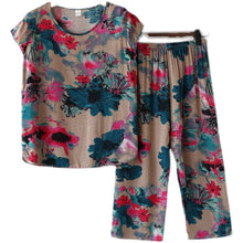 Load image into Gallery viewer, Middle-aged and Elderly Women&#39;s Summer Suits Short Sleeve Cotton linen T-shirt Top &amp; Wide-leg Pants 2 Pcs Home Service Sets 4XL