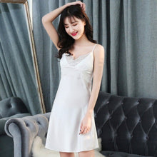 Load image into Gallery viewer, Mini Nightdress Floral Nightgown Silk Women Deep V Neck Lingerie Lady Nighty Sexy Sleepwear Pink white Lace Home Suit white red