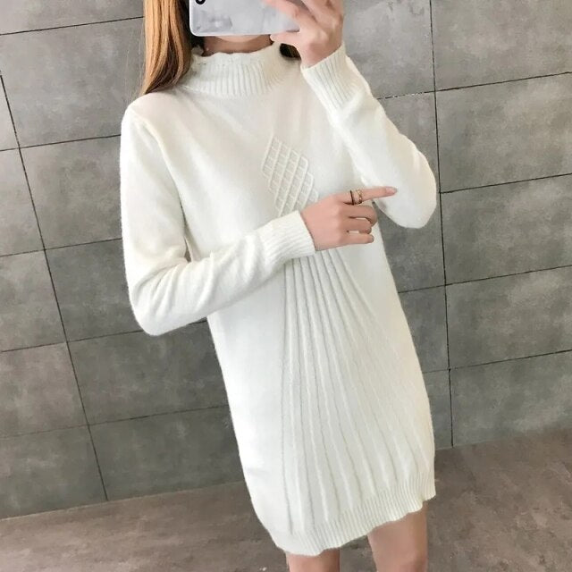 Mock Neck Red Sweater Women Tops Autumn Winter Long-Sleeve Knitted Dress Jersey Mujer Korean Fashion Mid-Length Black Pullover