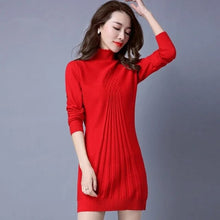 Load image into Gallery viewer, Mock Neck Red Sweater Women Tops Autumn Winter Long-Sleeve Knitted Dress Jersey Mujer Korean Fashion Mid-Length Black Pullover