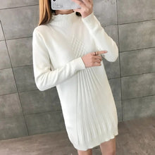 Load image into Gallery viewer, Mock Neck Red Sweater Women Tops Autumn Winter Long-Sleeve Knitted Dress Jersey Mujer Korean Fashion Mid-Length Black Pullover