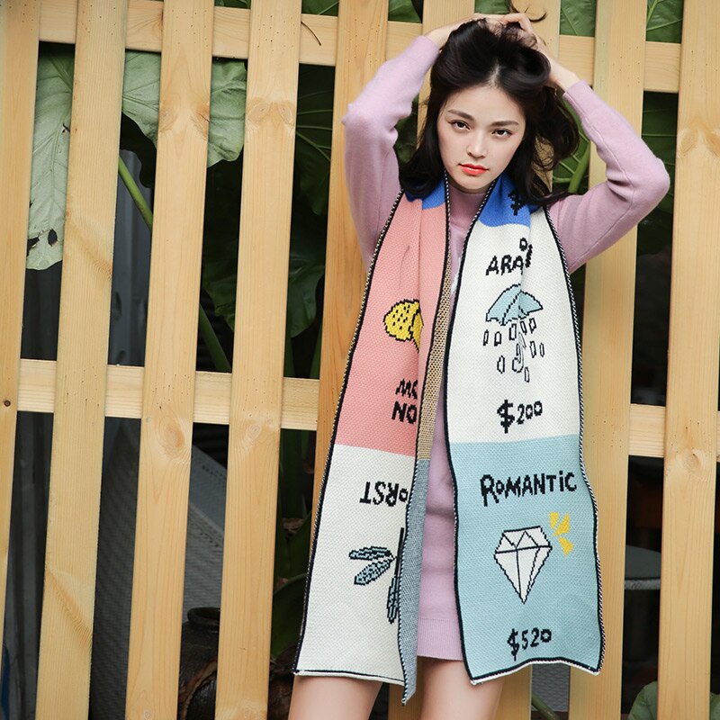 Mori Girl Scarf New Style Fashion Cute Cartoon Letter Patchwork Scarves Women Long Shawl Original Design Scarves Autumn Winter