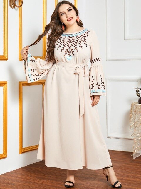 Moroccan Oriental Dress Arabian Oversized Women's Dress Stitching Flared Sleeve Embroidery Casual Muslim Long Skirt Abaya Kimono