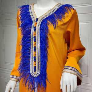 Muslim Clothing For Women Ethnic Ribbon V Neck Embroidered Feathers Long Sleeve Maxi Dress Autumn 2021 Middle East Arabic Dubai
