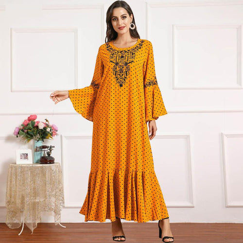 Muslim Dresses Large Size Women's Trumpet Long-sleeved Embroidery Pleated Polka Dot Printing Casual Autumn Lotus Leaf Long Skirt