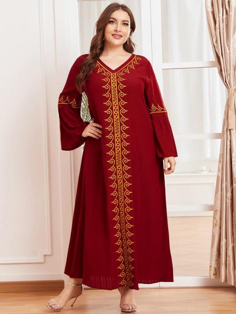 Muslim Oversized Women's Gold Thread Embroidery Long-sleeved Folds Retro Ethnic Red Temperament Long Skirt Djellaba 2021