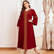 Load image into Gallery viewer, Muslim Oversized Women&#39;s Gold Thread Embroidery Long-sleeved Folds Retro Ethnic Red Temperament Long Skirt Djellaba 2021