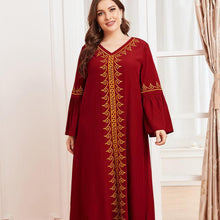 Load image into Gallery viewer, Muslim Oversized Women&#39;s Gold Thread Embroidery Long-sleeved Folds Retro Ethnic Red Temperament Long Skirt Djellaba 2021