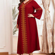 Load image into Gallery viewer, Muslim Oversized Women&#39;s Gold Thread Embroidery Long-sleeved Folds Retro Ethnic Red Temperament Long Skirt Djellaba 2021