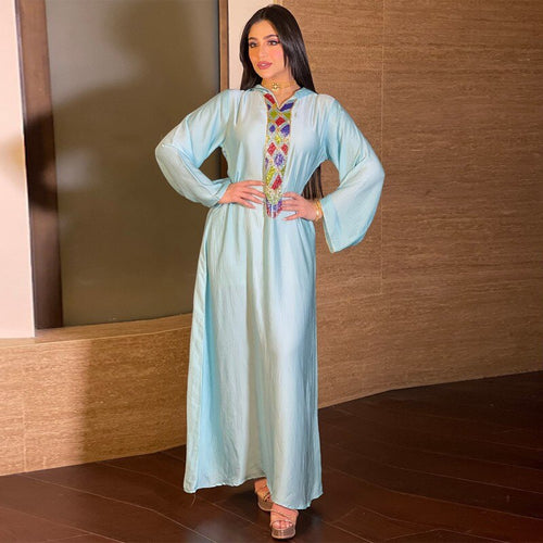 Muslim Women's Arab Middle East Light Green Satin Robe Hoodedjalabiya Dress Abaya Kimono Suitable For All Seasons Dubai 2021