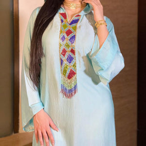 Muslim Women's Arab Middle East Light Green Satin Robe Hoodedjalabiya Dress Abaya Kimono Suitable For All Seasons Dubai 2021