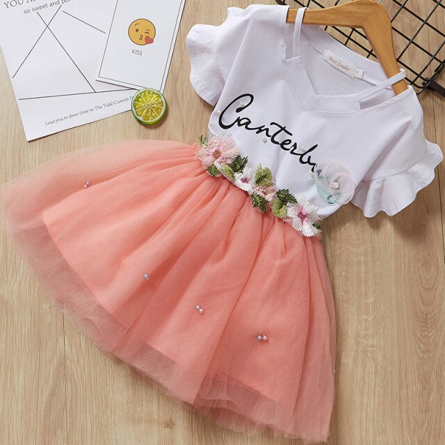 Mysweeby 2021 custom wholesale korean style short sleeve letter top flower Puffy skirts kids girls 2 piece summer sets