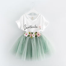 Load image into Gallery viewer, Mysweeby 2021 custom wholesale korean style short sleeve letter top flower Puffy skirts kids girls 2 piece summer sets