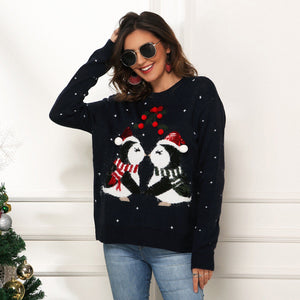 NEW Cute Penguin Pattern Sweaters For Women Fashion  Christmas Sweater Fringed Ball Furry Sweater Sueters De Mujer Moda