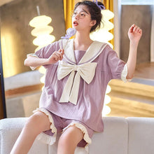 Load image into Gallery viewer, Net Red Hot Style Bow  Pijama Kawaii Woman Summer Student Ins Dormitory   Loose Short-Sleeved Square Neck Home Clothes Female