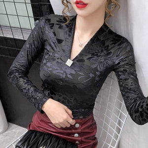 New 2020 Autumn Winter Women's T-Shirt Elegant Slim V-neck Hollow out Long Sleeve Women Tops Plus size Female shirt