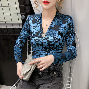New 2020 Autumn Winter Women's T-Shirt Elegant Slim V-neck Hollow out Long Sleeve Women Tops Plus size Female shirt