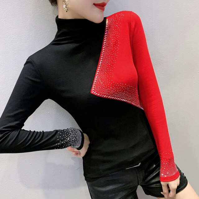 New 2020 Autumn Women T-Shirt Fashion Casual Long Sleeve Patchwork Women Tops Turtleneck Hot drilling Female Shirt