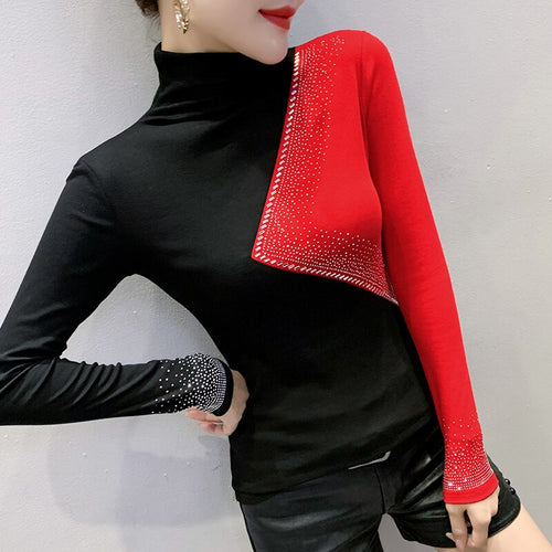 New 2020 Autumn Women T-Shirt Fashion Casual Long Sleeve Patchwork Women Tops Turtleneck Hot drilling Female Shirt