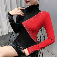 Load image into Gallery viewer, New 2020 Autumn Women T-Shirt Fashion Casual Long Sleeve Patchwork Women Tops Turtleneck Hot drilling Female Shirt