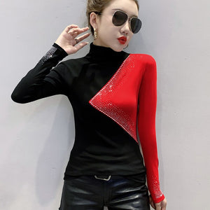 New 2020 Autumn Women T-Shirt Fashion Casual Long Sleeve Patchwork Women Tops Turtleneck Hot drilling Female Shirt