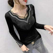 Load image into Gallery viewer, New 2020 Autumn Women Tops Fashion Casual Long Sleeve V-Neck T-shirt Elegant Slim Diamonds Black Plus Size Women&#39;s tshirts