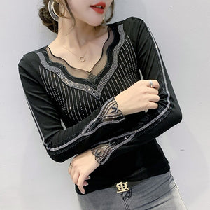 New 2020 Autumn Women Tops Fashion Casual Long Sleeve V-Neck T-shirt Elegant Slim Diamonds Black Plus Size Women's tshirts