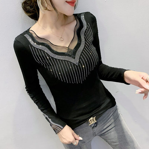 New 2020 Autumn Women Tops Fashion Casual Long Sleeve V-Neck T-shirt Elegant Slim Diamonds Black Plus Size Women's tshirts