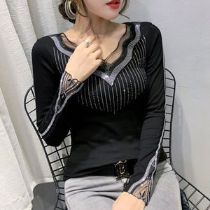 New 2020 Autumn Women Tops Fashion Casual Long Sleeve V-Neck T-shirt Elegant Slim Diamonds Black Plus Size Women's tshirts