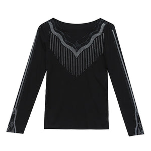 New 2020 Autumn Women Tops Fashion Casual Long Sleeve V-Neck T-shirt Elegant Slim Diamonds Black Plus Size Women's tshirts