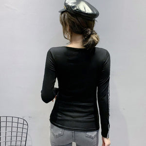 New 2020 Autumn Women Tops Fashion Casual Long Sleeve V-Neck T-shirt Elegant Slim Diamonds Black Plus Size Women's tshirts