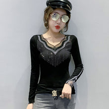 Load image into Gallery viewer, New 2020 Autumn Women Tops Fashion Casual Long Sleeve V-Neck T-shirt Elegant Slim Diamonds Black Plus Size Women&#39;s tshirts