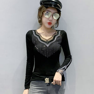 New 2020 Autumn Women Tops Fashion Casual Long Sleeve V-Neck T-shirt Elegant Slim Diamonds Black Plus Size Women's tshirts