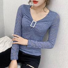 Load image into Gallery viewer, New 2020 Autumn long sleeve lace tops Fashion casual v-neck women blouse shirt Elegant slim Diamond women&#39;s tops