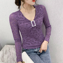 Load image into Gallery viewer, New 2020 Autumn long sleeve lace tops Fashion casual v-neck women blouse shirt Elegant slim Diamond women&#39;s tops