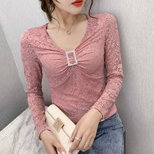 Load image into Gallery viewer, New 2020 Autumn long sleeve lace tops Fashion casual v-neck women blouse shirt Elegant slim Diamond women&#39;s tops