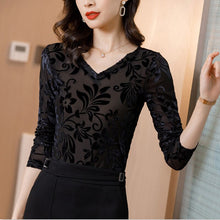 Load image into Gallery viewer, New 2020 Autumn winter women t-shirt Fashion V-neck long-sleeved velvet mesh top Elegant slim plus size  bottoming shirt