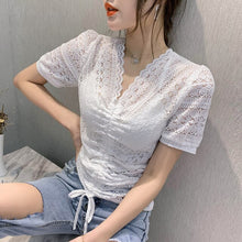 Load image into Gallery viewer, New 2020 Summer short sleeve t-shirt women&#39;s shirt Fashion sexy v-neck hollow out lace tops plus size female shirt blusas