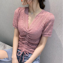 Load image into Gallery viewer, New 2020 Summer short sleeve t-shirt women&#39;s shirt Fashion sexy v-neck hollow out lace tops plus size female shirt blusas