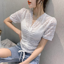 Load image into Gallery viewer, New 2020 Summer short sleeve t-shirt women&#39;s shirt Fashion sexy v-neck hollow out lace tops plus size female shirt blusas