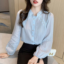 Load image into Gallery viewer, New 2021 Autumn Long Sleeved Women Blouse Shirt Fashion Casual Hollow Out Puff Sleeved Chiffon Shirt Elegant Slim Clothing