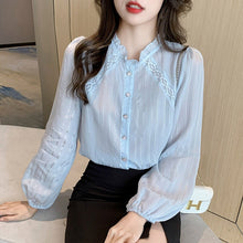 Load image into Gallery viewer, New 2021 Autumn Long Sleeved Women Blouse Shirt Fashion Casual Hollow Out Puff Sleeved Chiffon Shirt Elegant Slim Clothing