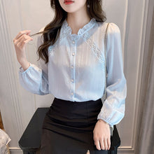 Load image into Gallery viewer, New 2021 Autumn Long Sleeved Women Blouse Shirt Fashion Casual Hollow Out Puff Sleeved Chiffon Shirt Elegant Slim Clothing