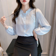 Load image into Gallery viewer, New 2021 Autumn Long Sleeved Women Blouse Shirt Fashion Casual Hollow Out Puff Sleeved Chiffon Shirt Elegant Slim Clothing