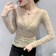 Load image into Gallery viewer, New 2021 Autumn Sexy V-Neck Women&#39;s T-Shirt Fashion Casual Long Sleeve Hollow Out Lace Tops Plus Size Women Clothing