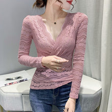 Load image into Gallery viewer, New 2021 Autumn Sexy V-Neck Women&#39;s T-Shirt Fashion Casual Long Sleeve Hollow Out Lace Tops Plus Size Women Clothing